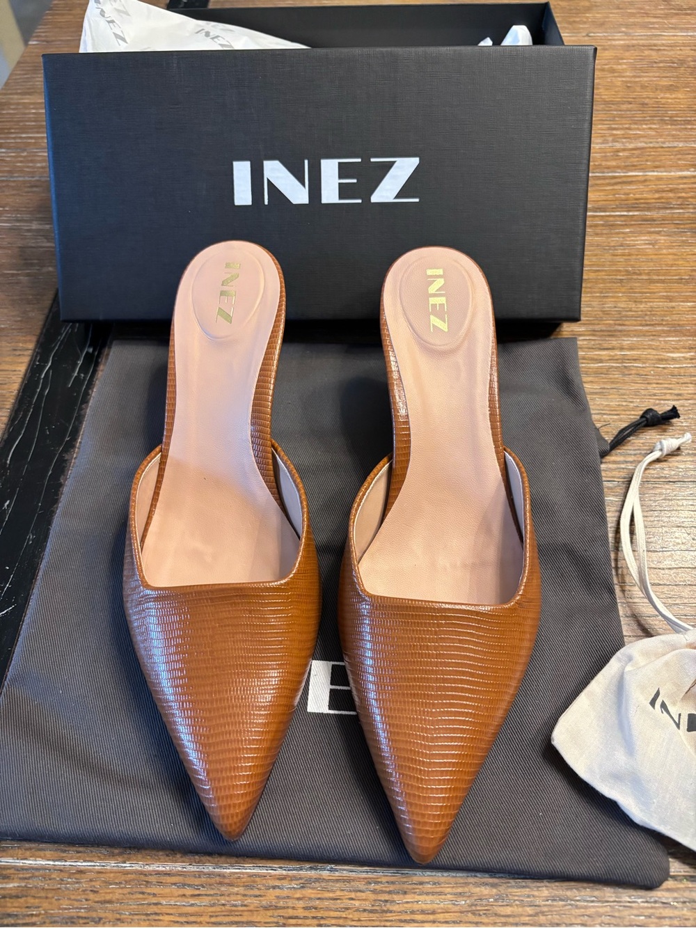 INEZ Bea Brown Pointed-Toe Mule Slides NIB